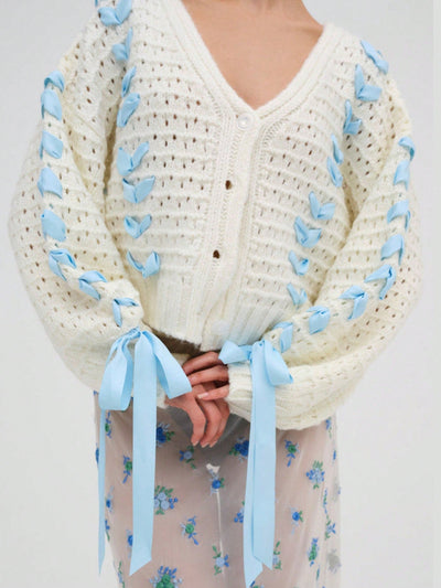 Chaqueta de punto con botones de manga larga y cuello en v a contraste con decoracion de lazo, sueter de mujer