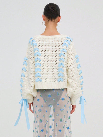 Chaqueta de punto con botones de manga larga y cuello en v a contraste con decoracion de lazo, sueter de mujer