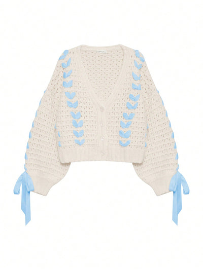 Chaqueta de punto con botones de manga larga y cuello en v a contraste con decoracion de lazo, sueter de mujer