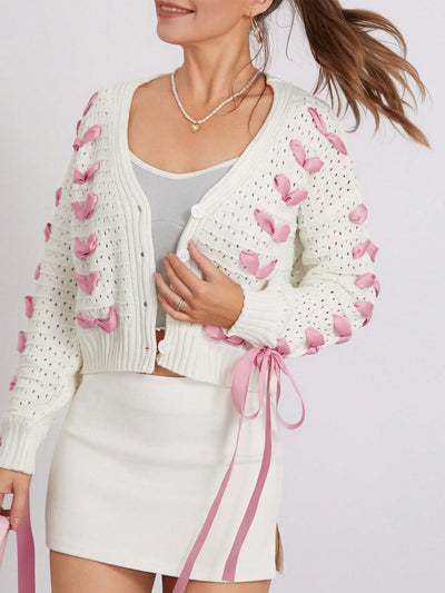 Chaqueta de punto con botones de manga larga y cuello en v a contraste con decoracion de lazo, sueter de mujer