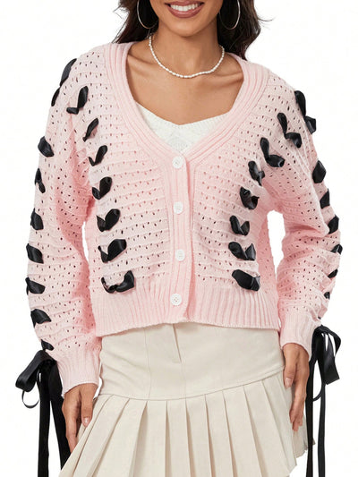Chaqueta de punto con botones de manga larga y cuello en v a contraste con decoracion de lazo, sueter de mujer
