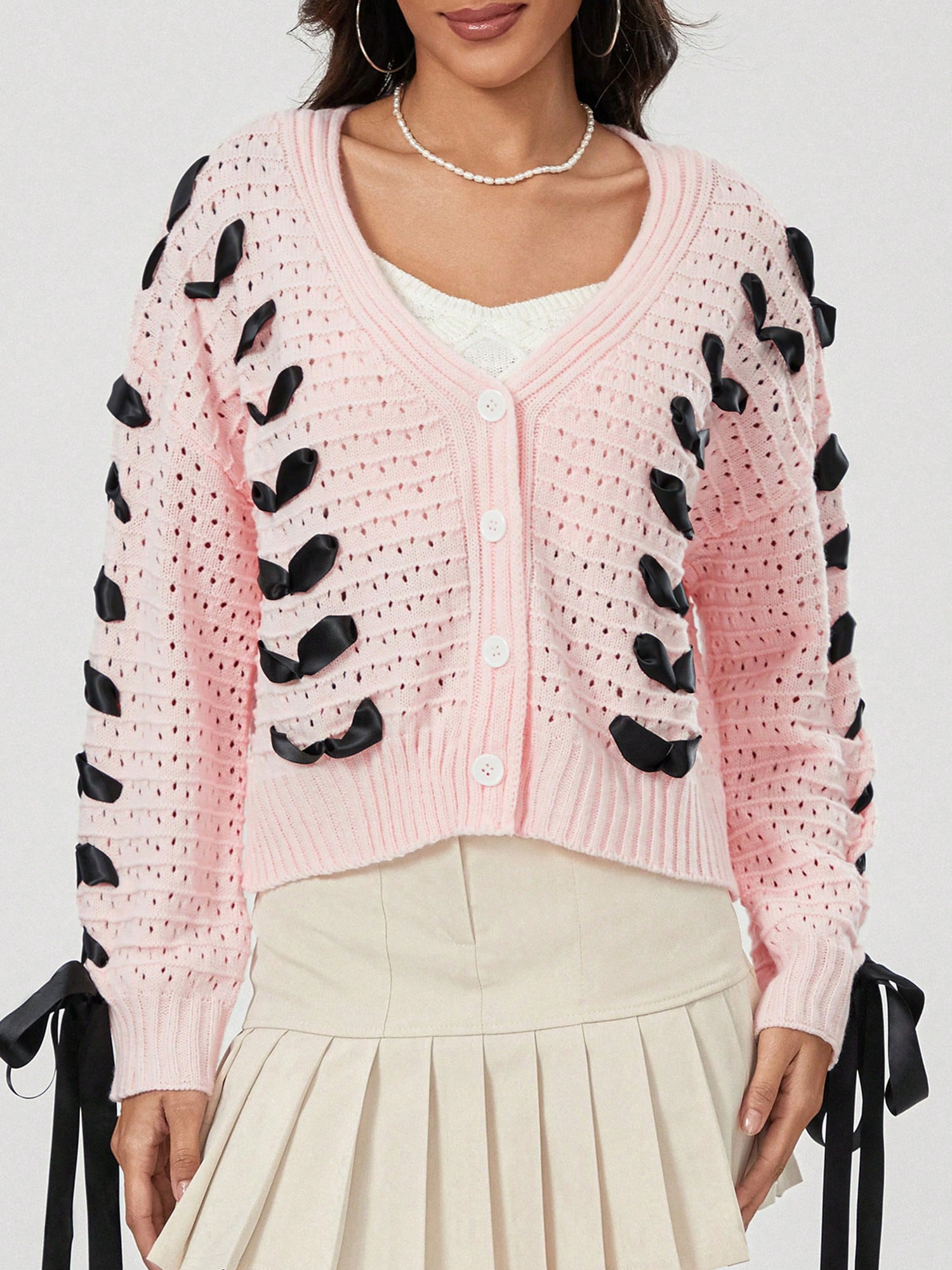Chaqueta de punto con botones de manga larga y cuello en v a contraste con decoracion de lazo, sueter de mujer