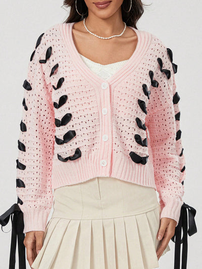 Chaqueta de punto con botones de manga larga y cuello en v a contraste con decoracion de lazo, sueter de mujer