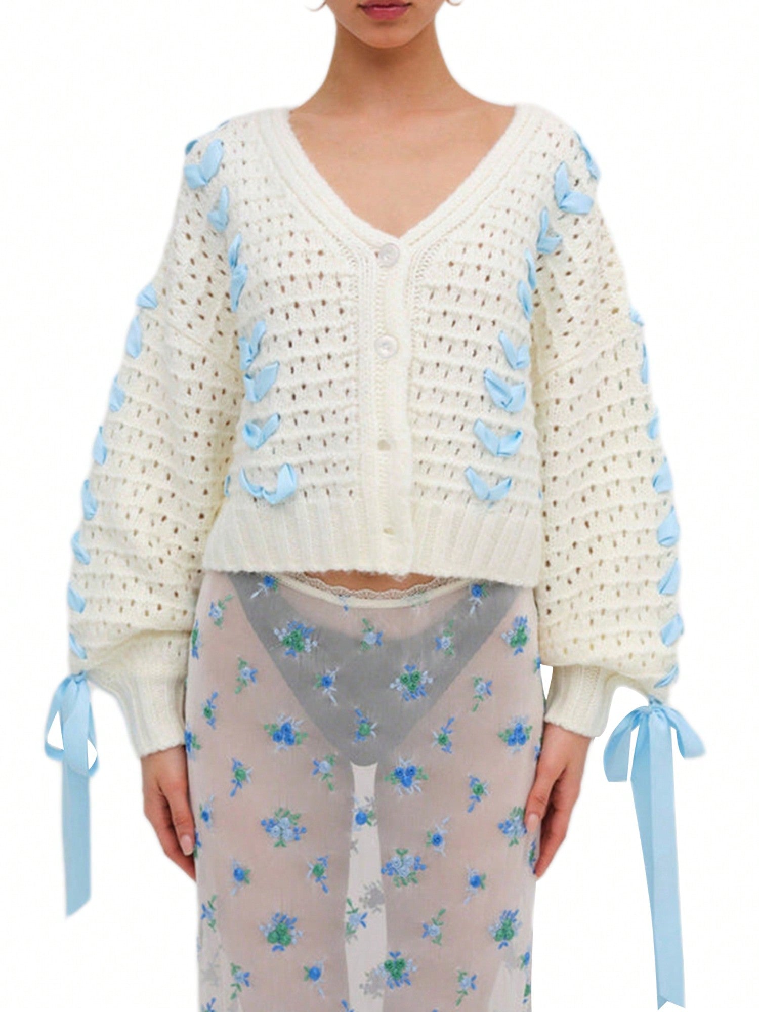 Chaqueta de punto con botones de manga larga y cuello en v a contraste con decoracion de lazo, sueter de mujer