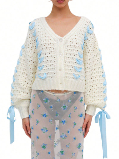 Chaqueta de punto con botones de manga larga y cuello en v a contraste con decoracion de lazo, sueter de mujer
