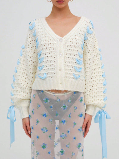Chaqueta de punto con botones de manga larga y cuello en v a contraste con decoracion de lazo, sueter de mujer