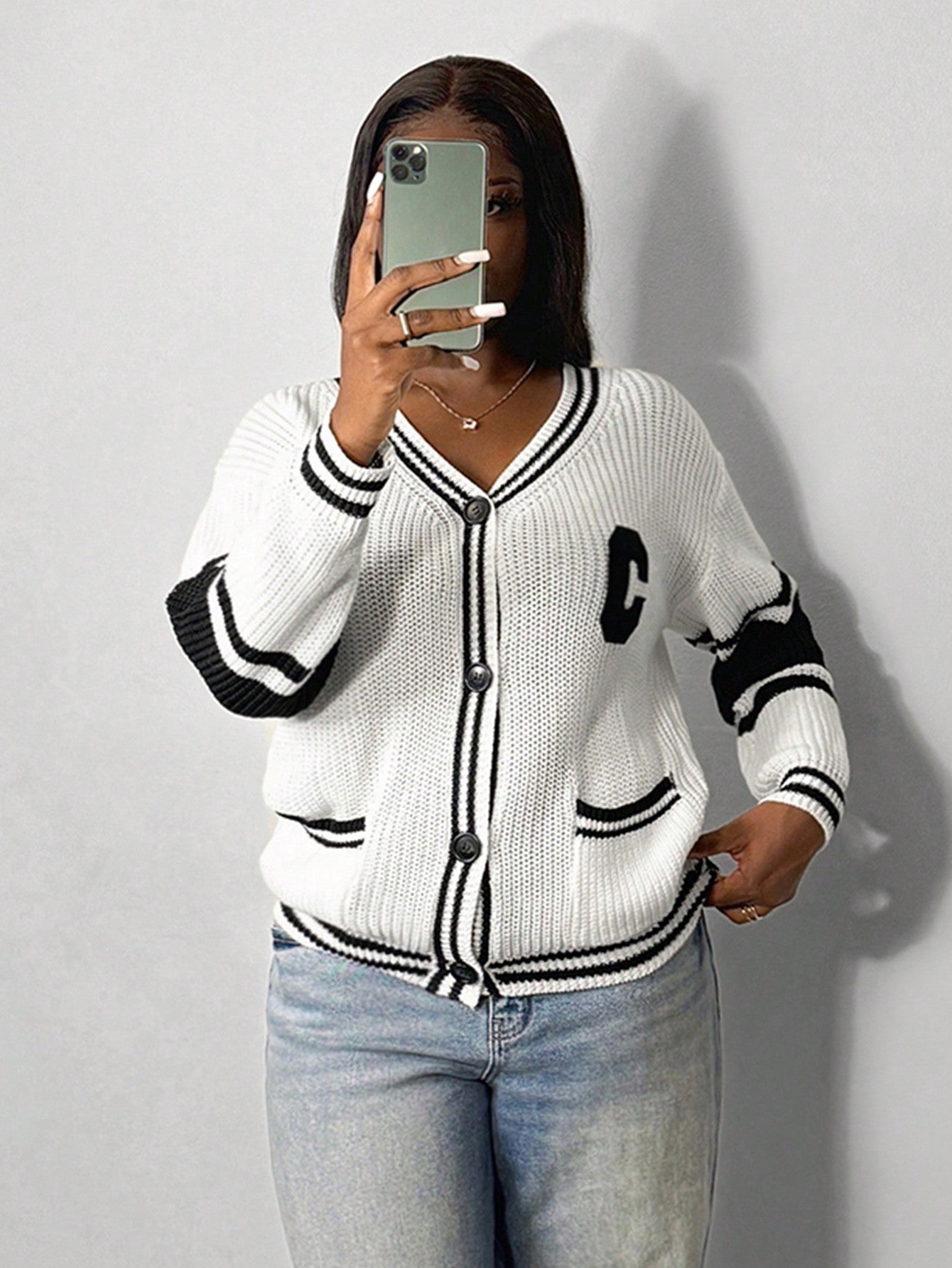 Slayr chaqueta de punto casual con patron asimetrico y contraste de color para mujer