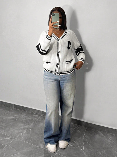 Slayr chaqueta de punto casual con patron asimetrico y contraste de color para mujer