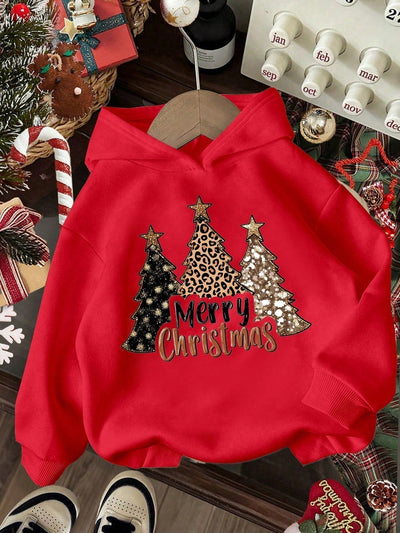 Ezwear jersey holgado de manga larga con estampado de arbol de navidad y texto "feliz navidad" en estilo minimalista y vintage con estampado de leopardo, para mujer
