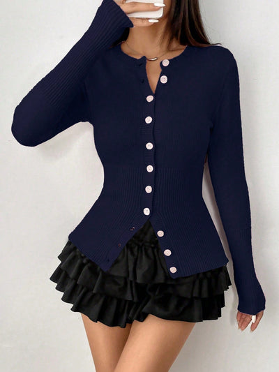 Moosta mujer chaqueta de punto de unicolor con cuello redondo, manga larga, de abotonadura sencilla, versatil y de moda, para otono/invierno