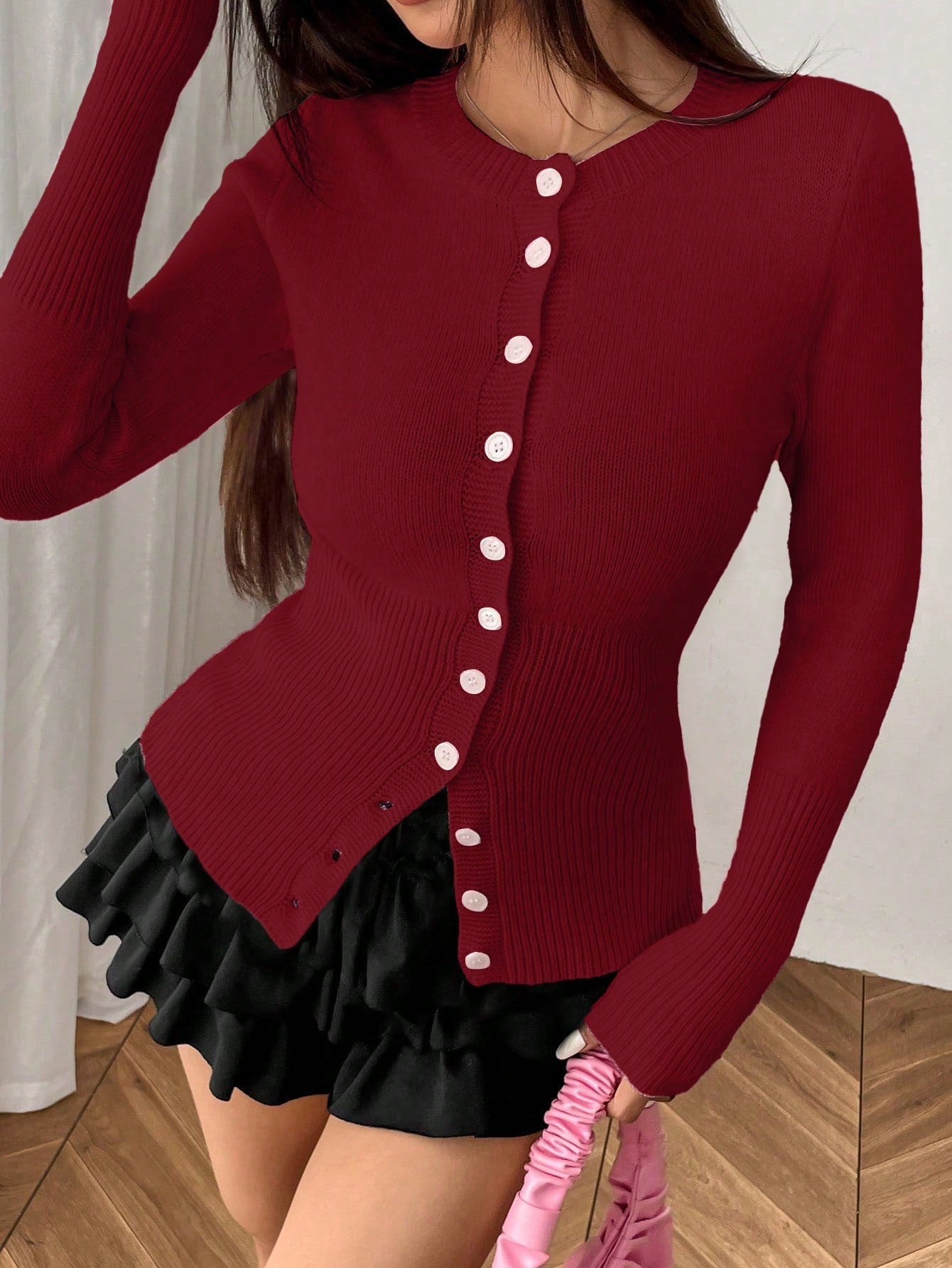 Moosta mujer chaqueta de punto de unicolor con cuello redondo, manga larga, de abotonadura sencilla, versatil y de moda, para otono/invierno
