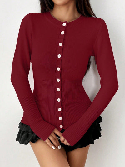 Moosta mujer chaqueta de punto de unicolor con cuello redondo, manga larga, de abotonadura sencilla, versatil y de moda, para otono/invierno