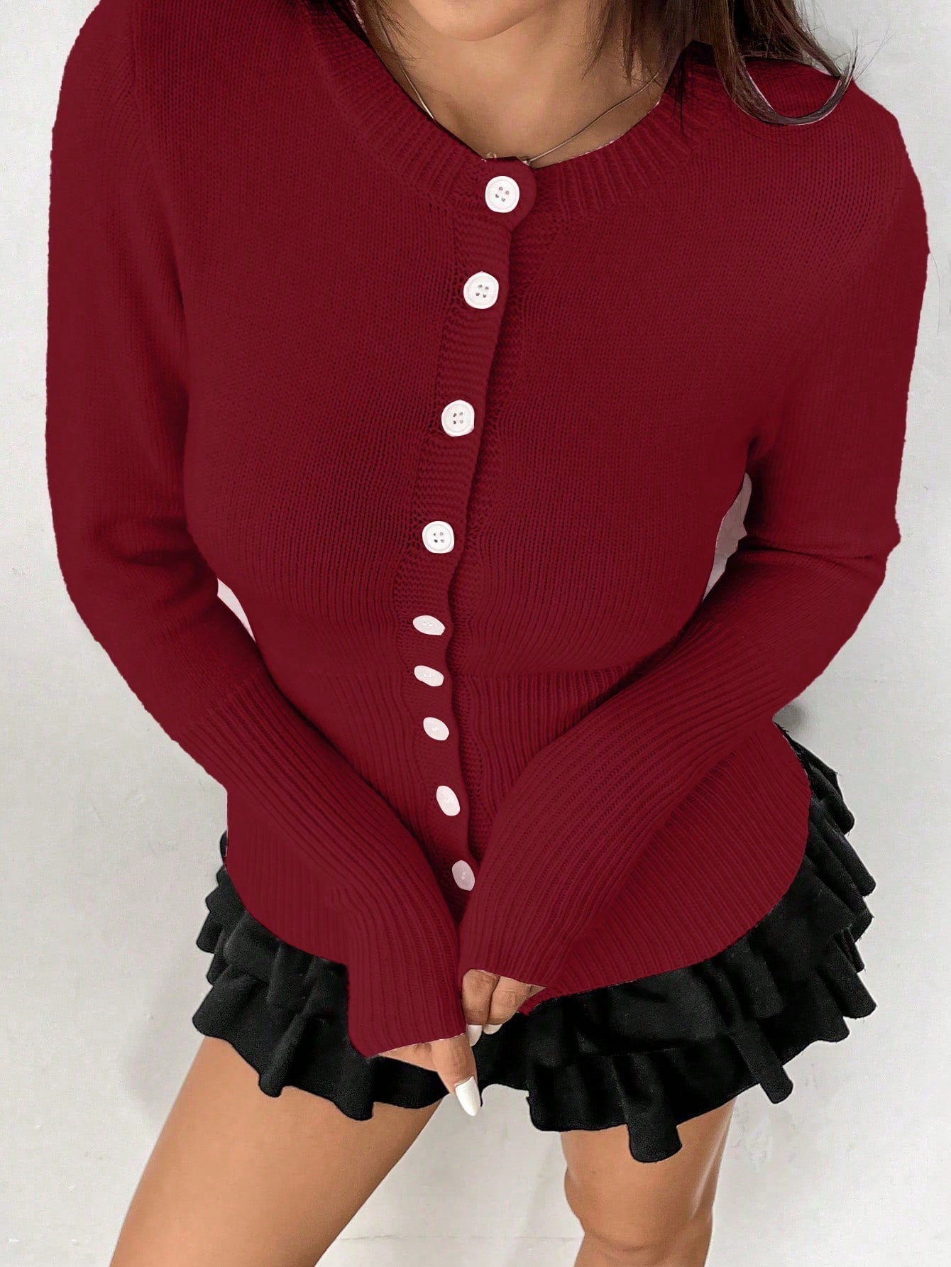 Moosta mujer chaqueta de punto de unicolor con cuello redondo, manga larga, de abotonadura sencilla, versatil y de moda, para otono/invierno
