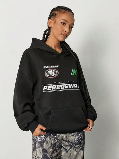 Coolane sudadera casual con capucha negra minimalista con estampado de letras para mujer