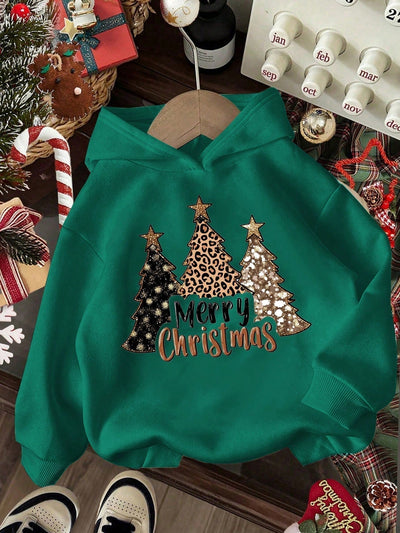 Ezwear jersey holgado de manga larga con estampado de arbol de navidad y texto "feliz navidad" en estilo minimalista y vintage con estampado de leopardo, para mujer