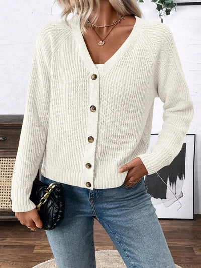 Lune chaqueta de punto de manga larga casual con cuello en v y manga raglan para mujer, con diseno minimalista y ajuste holgado para otono/invierno