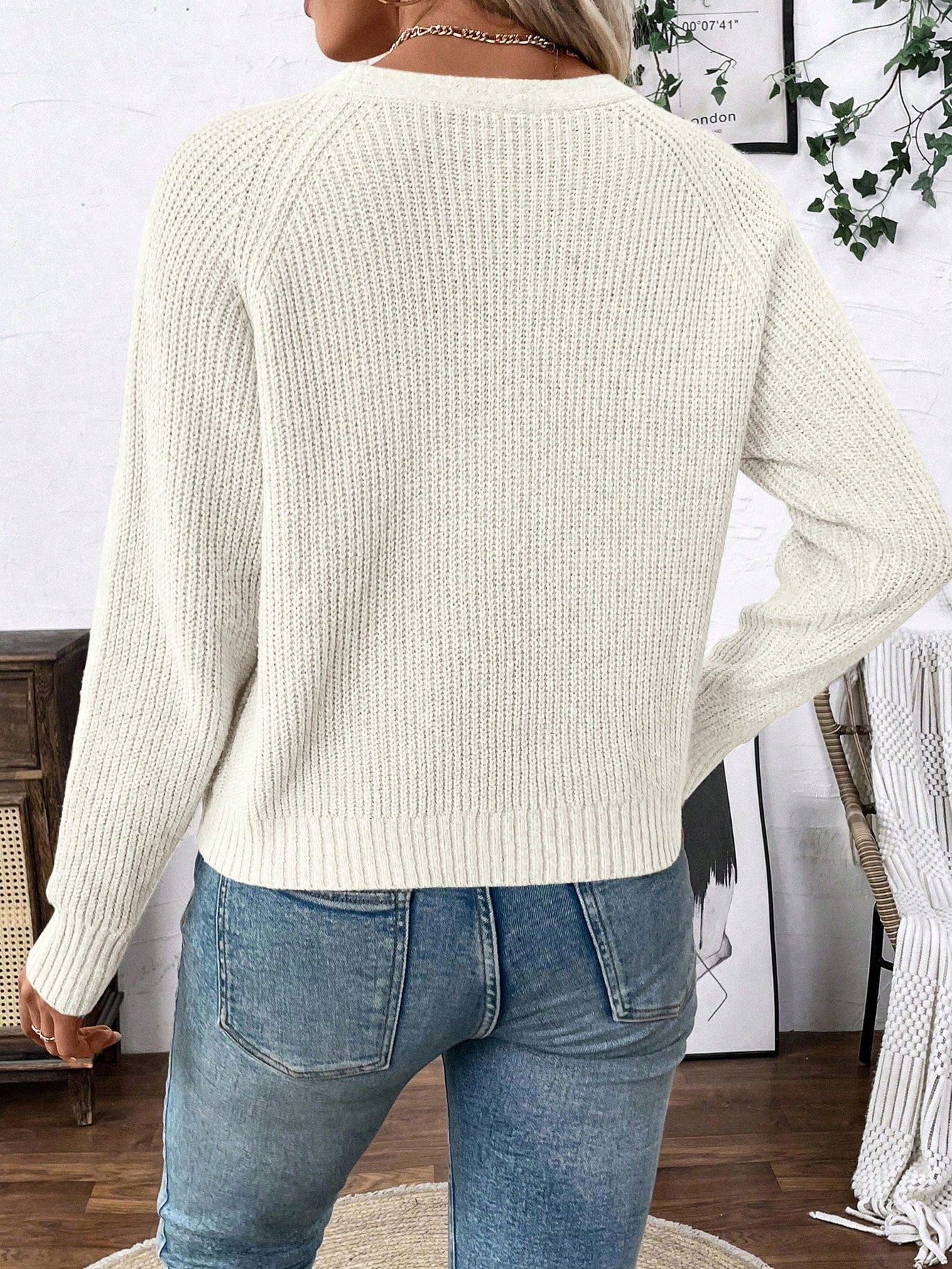 Lune chaqueta de punto de manga larga casual con cuello en v y manga raglan para mujer, con diseno minimalista y ajuste holgado para otono/invierno