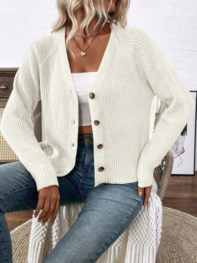 Lune chaqueta de punto de manga larga casual con cuello en v y manga raglan para mujer, con diseno minimalista y ajuste holgado para otono/invierno