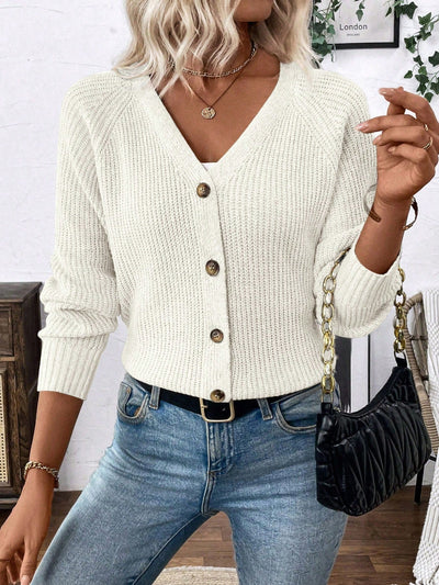 Lune chaqueta de punto de manga larga casual con cuello en v y manga raglan para mujer, con diseno minimalista y ajuste holgado para otono/invierno