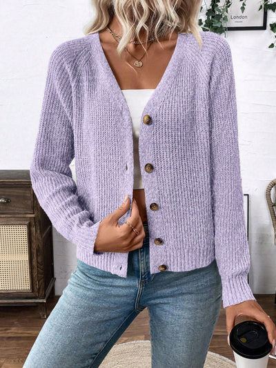 Lune chaqueta de punto de manga larga casual con cuello en v y manga raglan para mujer, con diseno minimalista y ajuste holgado para otono/invierno