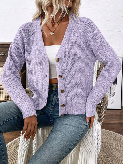 Lune chaqueta de punto de manga larga casual con cuello en v y manga raglan para mujer, con diseno minimalista y ajuste holgado para otono/invierno