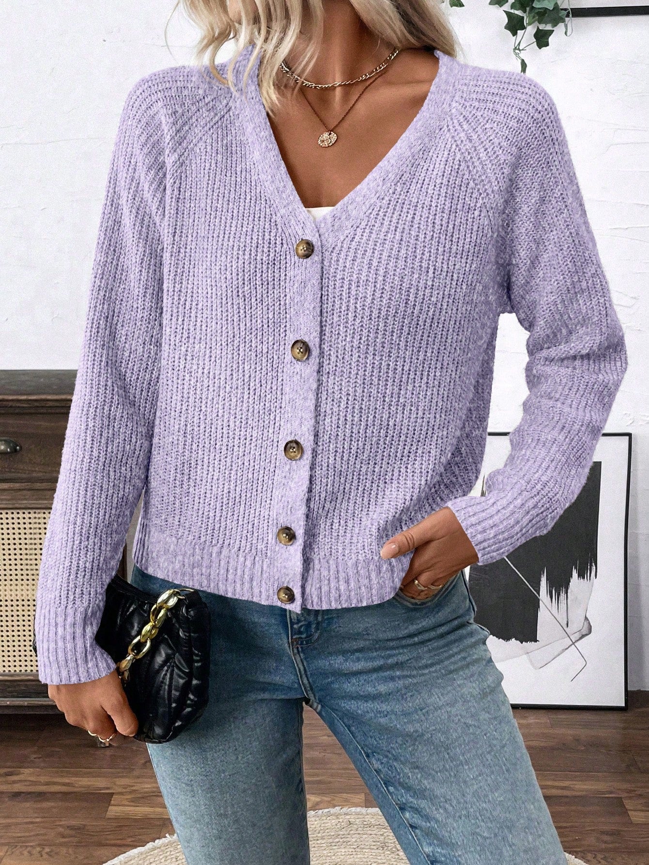 Lune chaqueta de punto de manga larga casual con cuello en v y manga raglan para mujer, con diseno minimalista y ajuste holgado para otono/invierno