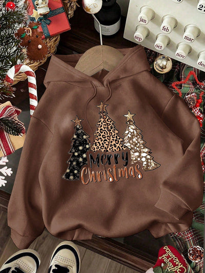 Ezwear jersey holgado de manga larga con estampado de arbol de navidad y texto "feliz navidad" en estilo minimalista y vintage con estampado de leopardo, para mujer