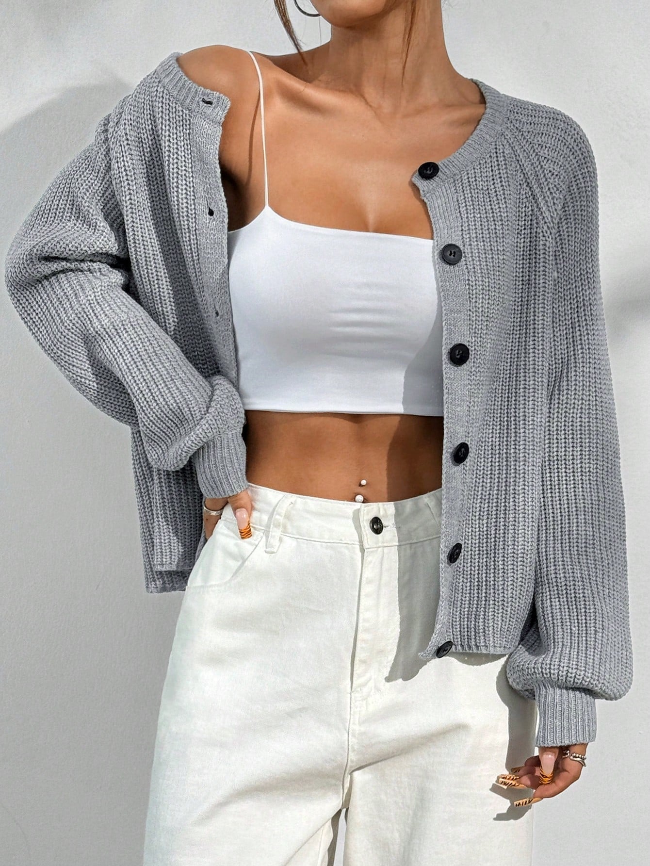 Moosta cardigan casual de cuello redondo y manga raglan de unicolor para mujer, versatil para otono/invierno