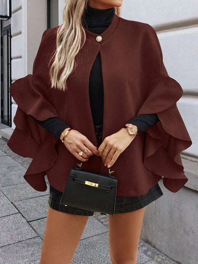 Clasi chaqueta de lana elegante con volantes y parches de un solo abotonado de unicolor para mujer, para otono/invierno