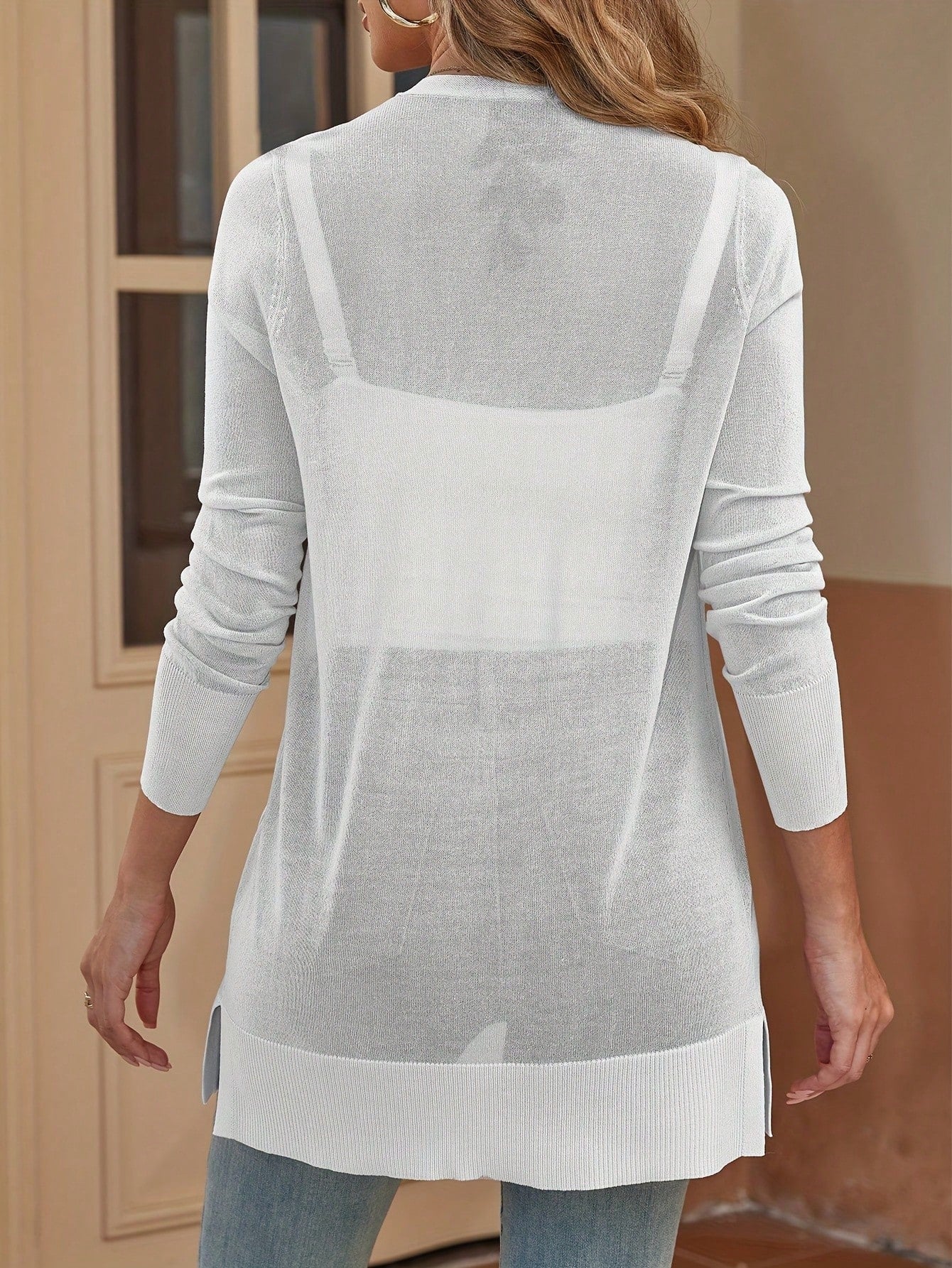 Sueter tipo kimono informal de manga larga transparente con abertura frontal para mujer