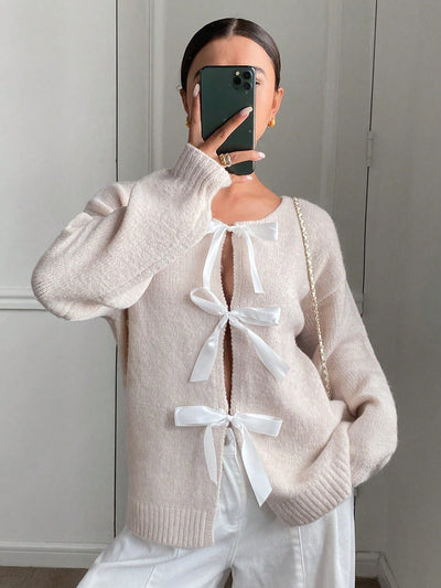 Frenchy cardigan holgado casual de mujer con lazo de cinta y mangas de murcielago