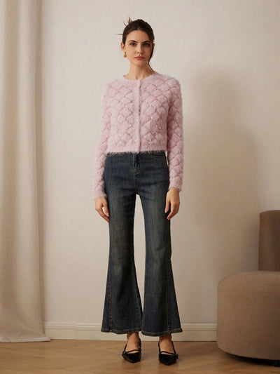 Prive elegante cardigan de punto con cuello en v, estampado de argyle de strass y apariencia de piel de vison sintetica para mujeres