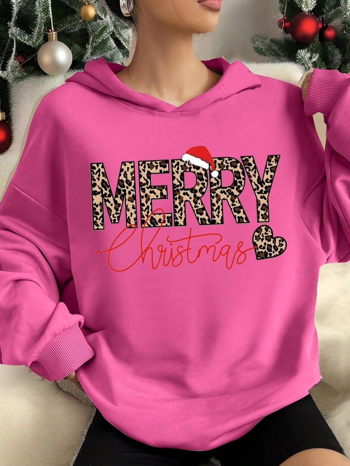 Ezwear jersey holgado de manga larga con estampado de arbol de navidad y texto "feliz navidad" en estilo minimalista y vintage con estampado de leopardo, para mujer