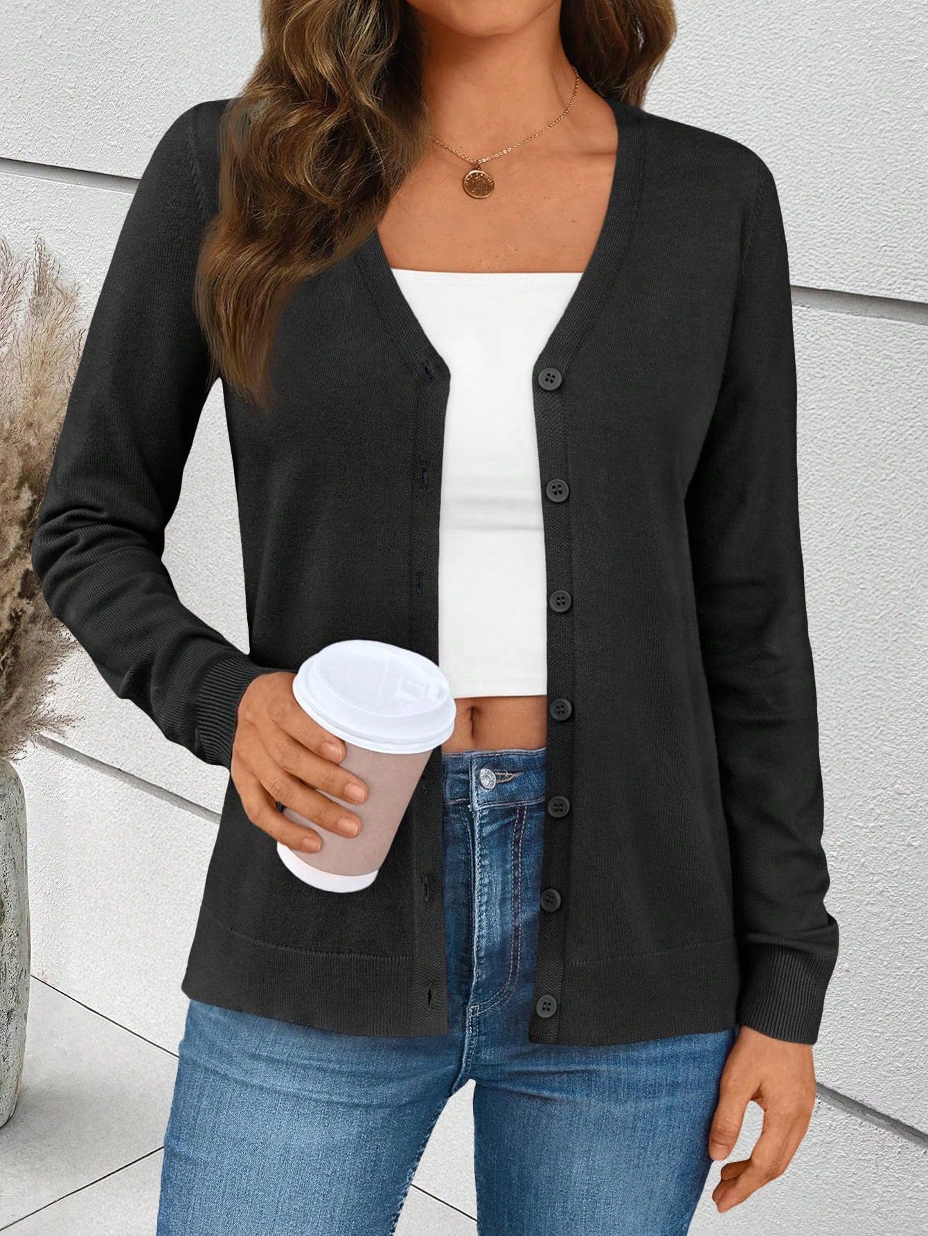 Sueter tipo cardigan de punto de manga larga para mujer, basico, cuello en v, botones, prendas de punto, tops de invierno