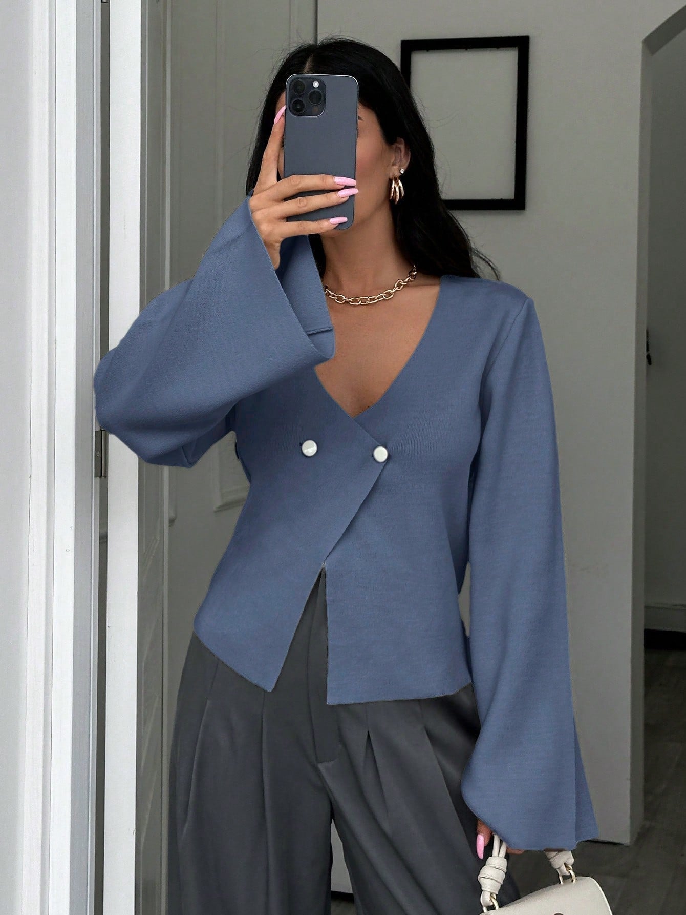 Cardigan de mujer de unicolor con cuello en v, abotonadura frontal y hombros caidos