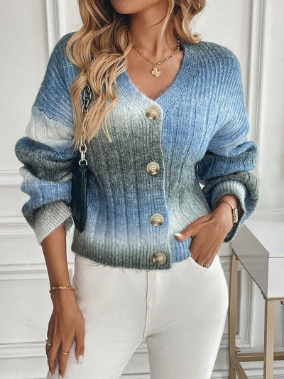 Relaxiva cardigan de punto con botones delanteros, manga larga, de color ombre, hecho de un hilado jaspeado y tejido de nervio