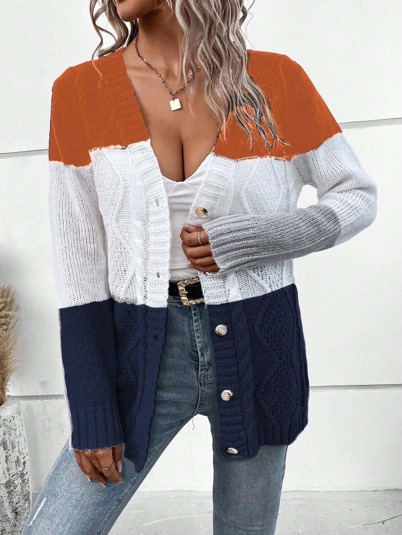 Lune cardigan con parches de colores contrastantes, informal y de moda para uso diario