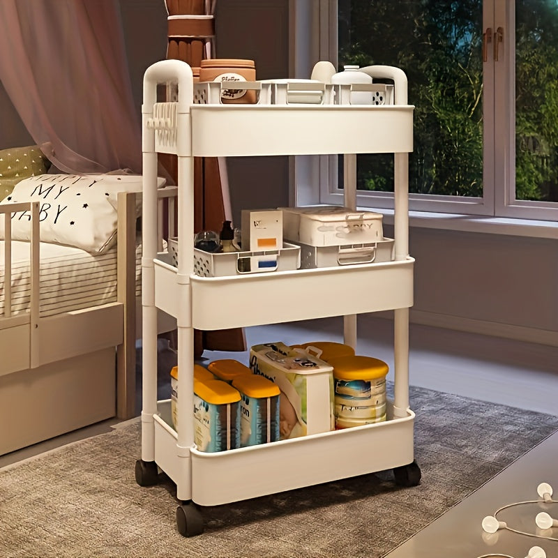 Carrito de almacenamiento plástico blanco de 3 niveles con ruedas – Organizador resistente multicapa para cocina, baño y dormitorio – Ideal para libros, toallas y artículos esenciales – Carrito móvil fácil de mover