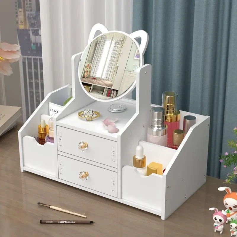 1 pieza de tocador moderno blanco con espejo redondo y bandeja giratoria de dos niveles - Ideal para dormitorio y artículos de viaje, estación de maquillaje multifuncional con cajón y estantes abiertos, tocador de viaje | Diseño moderno de tocador | Dise
