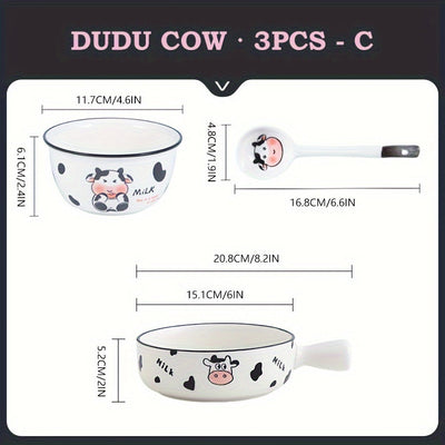 Juego de vajilla de cerámica moderna con lindo diseño de vaca de dibujos animados, platos y cuencos redondos con temática animal, adecuado para residencias universitarias y estudiantes universitarios - Juego de 3/4 piezas