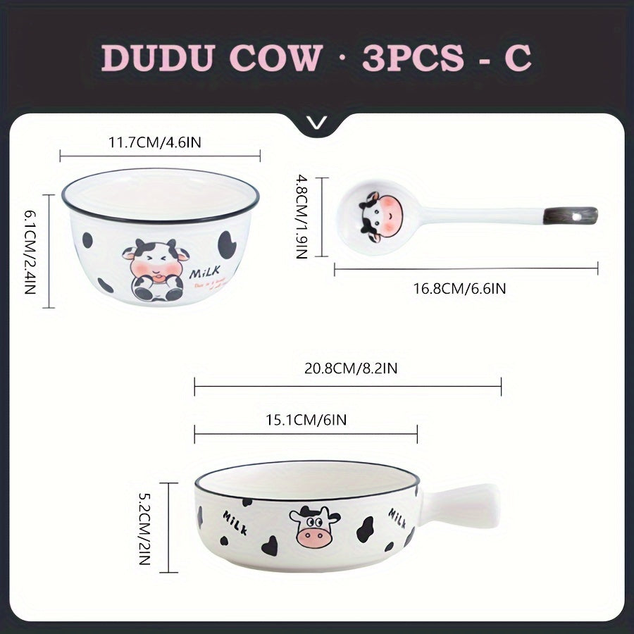 Juego de vajilla de cerámica moderna con lindo diseño de vaca de dibujos animados, platos y cuencos redondos con temática animal, adecuado para residencias universitarias y estudiantes universitarios - Juego de 3/4 piezas