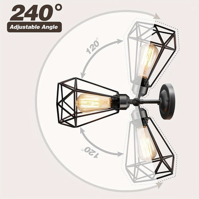 2 piezas de apliques de pared rústicos industriales con diseño de bombilla Edison, lámparas de jaula de alambre metálico de 60W, energéticamente eficientes con interruptor de encendido/apagado, ideales para decoración de dormitorio y porche