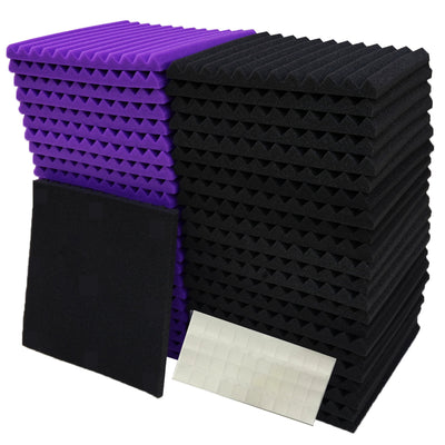 50 piezas de paneles acústicos VIBuilt de espuma de alta densidad, 12"x12"x1" negro y morado, para estudio de grabación, reducción de ruido y absorción de sonido, paneles acústicos para pared