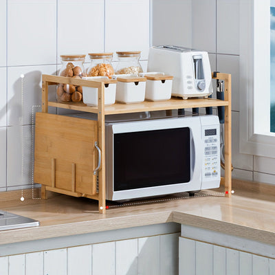 Un estante protector de bambú para hornos microondas y horno, un conjunto de almacenamiento que ahorra espacio para tarros de condimentos de cocina, una combinación de estantes de almacenamiento y un organizador multifuncional para salones y dormitorios
