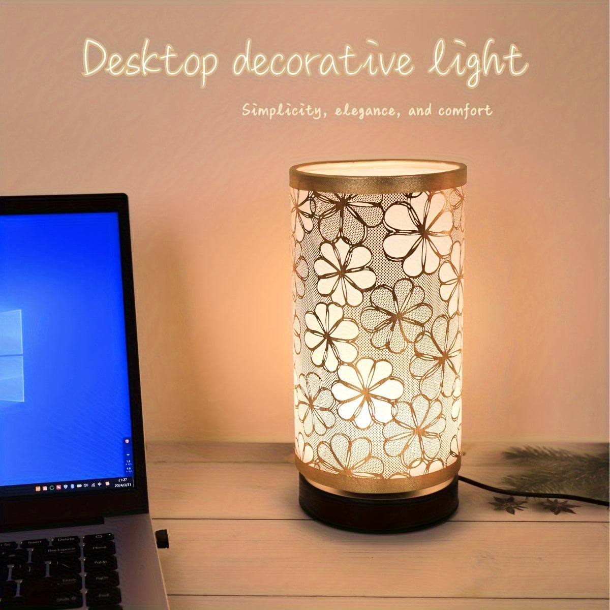 1pc Elegante Lámpara de Mesa de Tela Cálida al Estilo Vintage Nórdico con Pantalla de Girasol Exquisita - Alimentada por USB, Iluminación para el Cuidado de los Ojos para Dormitorio, Sala de Estar, Oficina | Diseño Moderno con Detalles Dorados | Regalo P