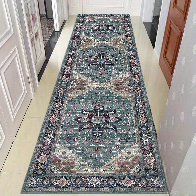 Alfombra Elegante Larga Antideslizante Lavable - Diseño Geométrico Moderno en Azul, Beige y Marrón, Ideal para Pasillos, Escaleras y Decoración de Corredores de Hoteles, Alfombra Personalizable, Material de Poliéster Lavable a Máquina