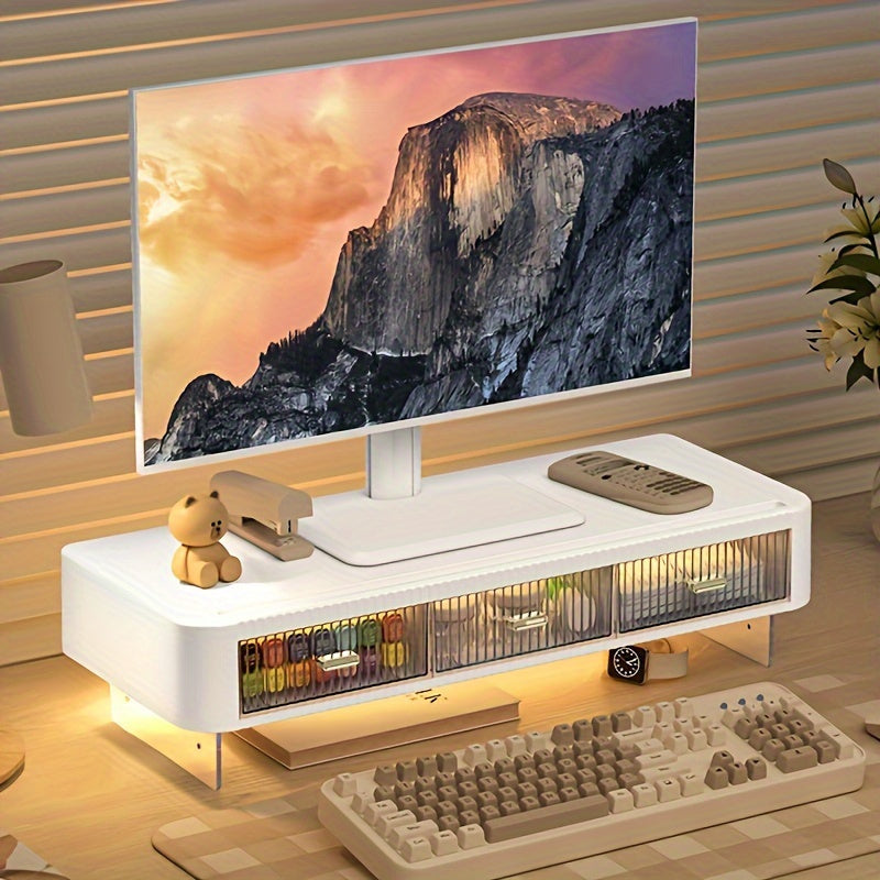 2 Escenarios Disponibles Soporte de Monitor de Acrylic Transparente con Doble Cajón, Organizador de Escritorio Ajustable, Soporte de Monitor Multifuncional para Oficina en Casa, con Espacio de Almacenamiento, Alta Practicidad