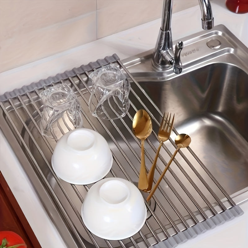 1 pieza, estante de secado de platos de acero inoxidable enrollable - sobre el fregadero, estante de drenaje multifuncional con ranuras de circulación de aire, diseño portátil y ahorrador de espacio para fregadero de cocina, secado eficiente y organizaci