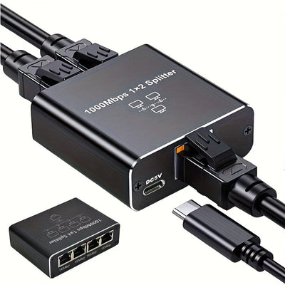 Divisor de red RJ45 de 1000M - 1 a 2 enchufes, conmutador de red portátil para dormitorios y hogares, extensor de cable de red Gigabit, alimentado por USB, no necesita batería, compatible con Windows y Mac, gestión de red | Acabado negro elegante | Diseñ