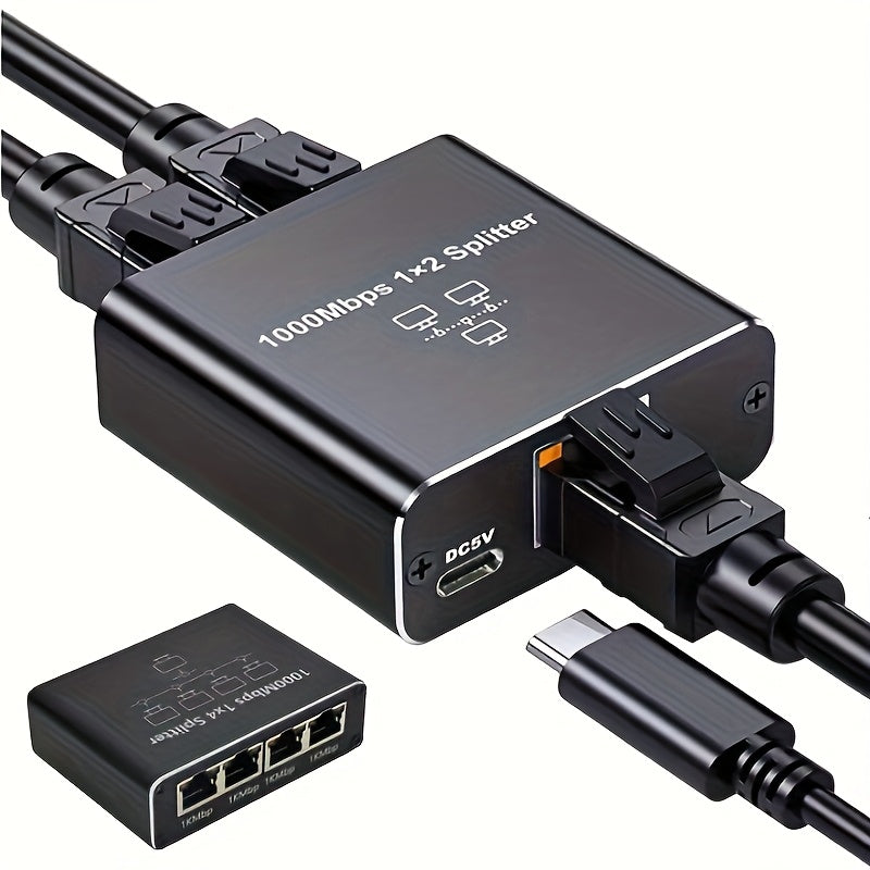 Divisor de red RJ45 de 1000M - 1 a 2 enchufes, conmutador de red portátil para dormitorios y hogares, extensor de cable de red Gigabit, alimentado por USB, no necesita batería, compatible con Windows y Mac, gestión de red | Acabado negro elegante | Diseñ